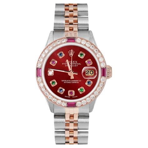 Rolex Ladies Rose Gold Datejust Red Diamond Dial Diamond Bezel Watch ...