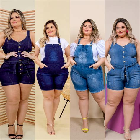 Jardineira Short Macaquinho Jeans Plus Size Feminina Lycra Shopee Brasil