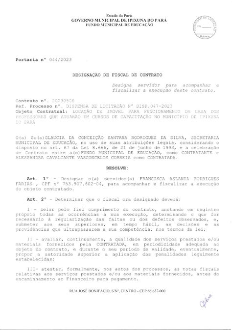 ATO DE DESIGNAÇÃO DE FISCAL DE CONTRATO Prefeitura Municipal de