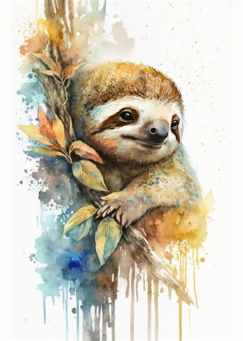 Sloth Watercolor Design Poster Picture Metal Print Paint By Usama