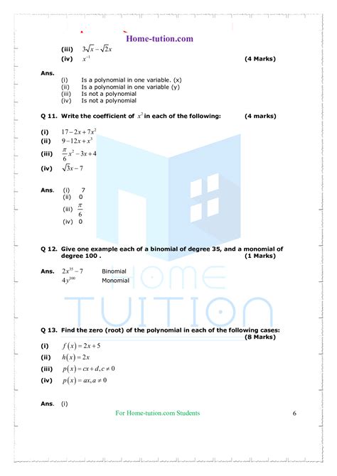 Important Questions For Class 9 Maths Chapter 2 Polynomials With Solutions