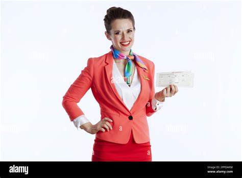 Happy Modern Female Flight Attendant Against White Background In