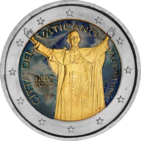 2 Euro Vatikan 2022 Papst Paul VI Coloriert Mit Farbe