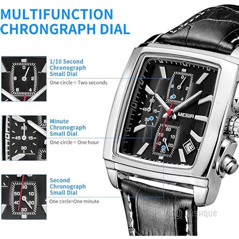 Megir Business Analog Chronograph Luminous Rectangle Watch Black