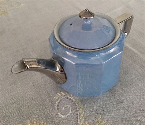 Vintage Teapot Art Deco Lustreware Blue Andsilver By Cakeboxvintage Tea