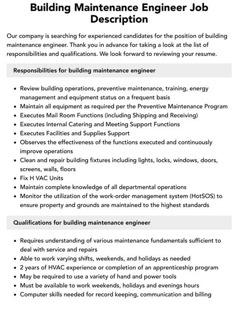 Building Maintenance Engineer Job Description Velvet Jobs