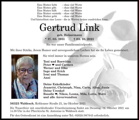 Traueranzeigen Von Gertrud Link Rz Trauer De