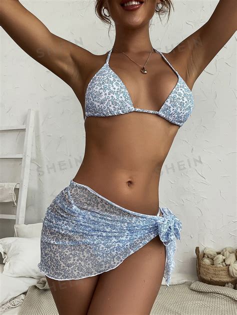 Shein Swim Mod Ditsy Floral Bikini Set Triangle Bra Thong Bottom