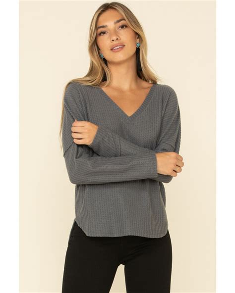 Hyfve Womens Waffle Knit V Neck Long Sleeve Top Sheplers