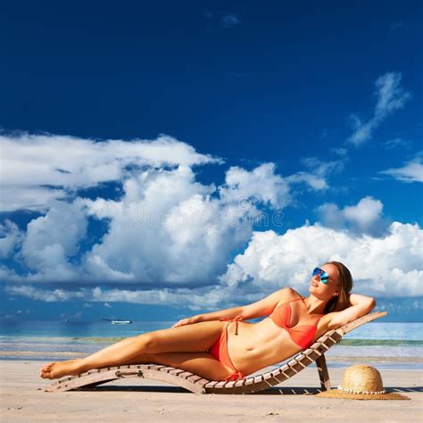 Woman In Bikini Lying On Beach At Seychelles Stock Image Image Of