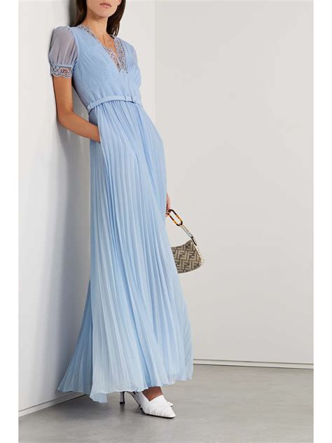 Self Portrait Belted Pleated Guipure Lace Trimmed Chiffon Maxi Dress