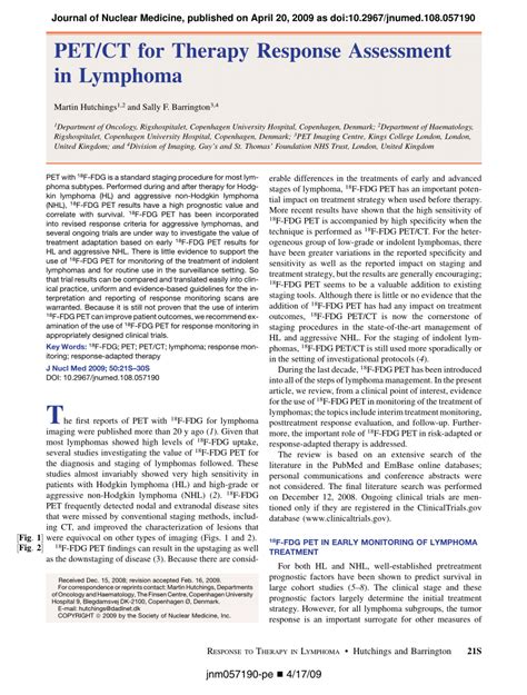 PDF FDG PET For The Early Treatment Monitoring For Final Response