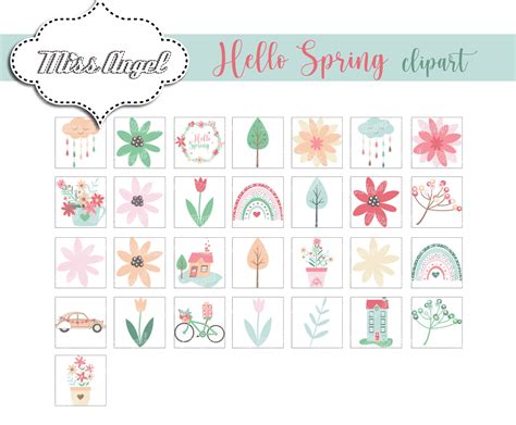 Hello Spring Clipart. Cute Rainbows, Houses, Car, Bike, Flowers, Trees ...