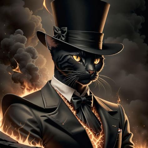 Premium Photo A Drawing Of A Black Cat On Fire With A Bow Tie And A