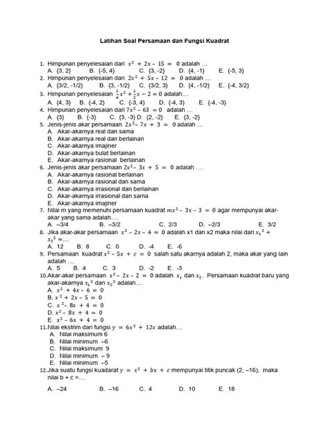 Latihan Soal Persamaan Dan Fungsi Kuadrat Pdf