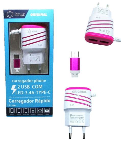 Carregador Turbo Type C Duas Saidas Usb Femea Rosa Lotus Lt