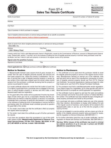 Fillable Online Rev 8 16 Form St 4 Sales Tax Resale Certificate Fill