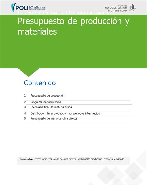 Escenario 4 Presupuesto de producción y materiales Unidad 2