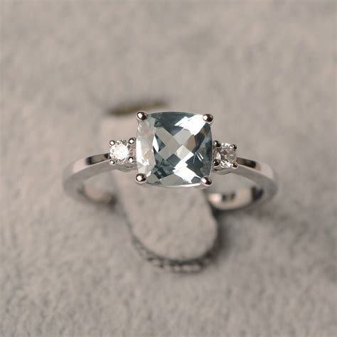 Natural Aquamarine Ring Cushion Cut Sterling Silver March Birthstone ...