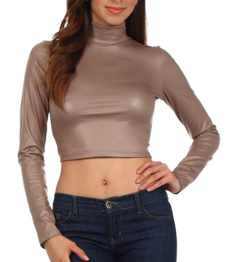 Sakkas Matte Liquid Mock Neck Turtleneck Long Sleeve Crop Top Made I Sakkas Store