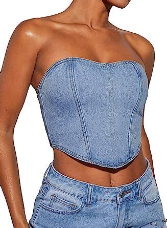 Verdusa Women S Zip Up Asymmetrical Hem Strapless Sleeveless Denim Crop