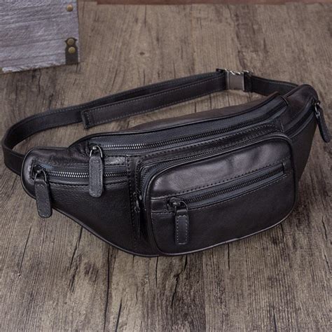 Vintage Black Leather Mens Fanny Pack Hip Belt Bags Waist Bag Hip Bag