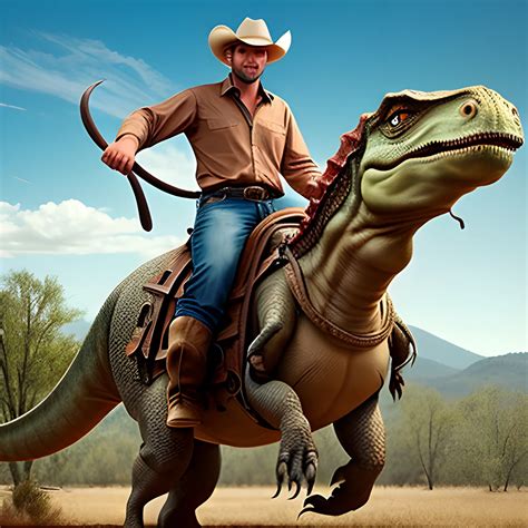 Handsome Cowboy Riding A Huge Dinosaur Arthub Ai