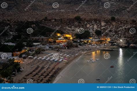 Evening Lindos beach stock image. Image of drone, harbor - 300931159