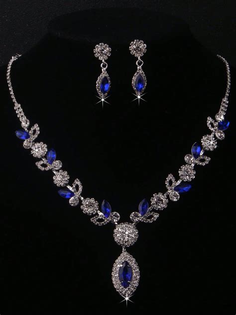 Colar Brincos Set Deluxe Azul Strass Embutidos Garra Cadeia