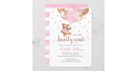 Teddy Bear We Can Bearly Wait Girl Baby Shower Invitation Zazzle