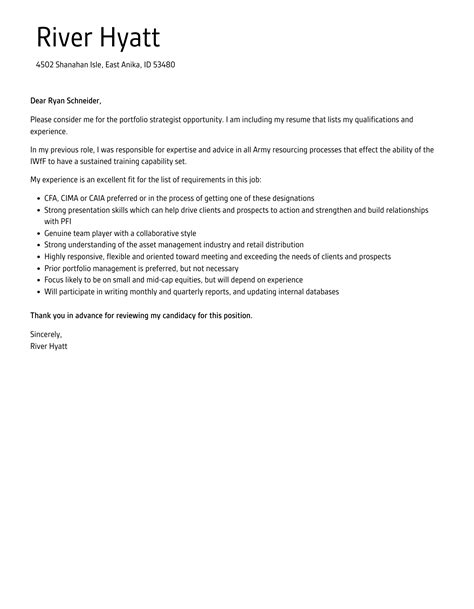 Portfolio Strategist Cover Letter Velvet Jobs