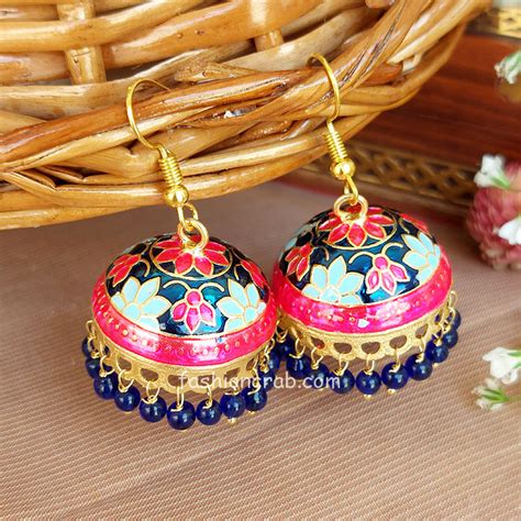 Ethnic Rajasthani Jhumka Earrings Pink Blue FashionCrab