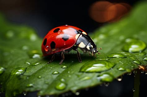 Ladybug Sitting On A Leaf With Dew Drops Stock Illustration