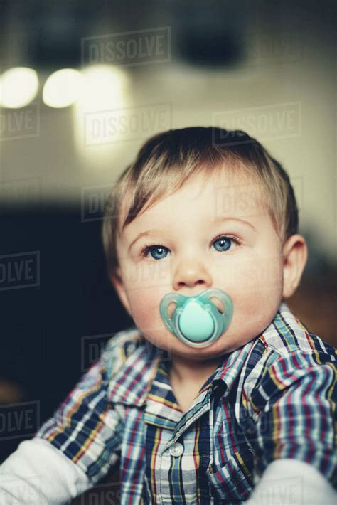 Baby Boy With Pacifier In His Mouth Portrait Stock Photo Dissolve