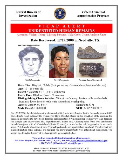 Vicap Alert 2019 02 02 Revised Unidentified Human Remains Needville