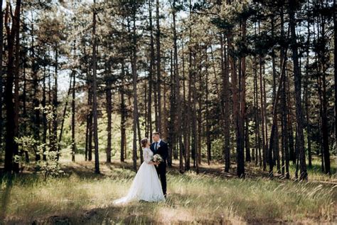 La Novia Y El Novio Est N Caminando En Un Bosque De Pinos En Un D A