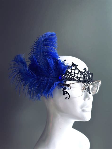 Royal Blue Masquerade Mask For Eyeglass Wearers Royal Blue Feather Mask Eyeglass Masks Adult