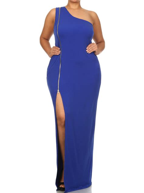 Plus Size Enticing One Shoulder Side Zipper Blue Maxi Dress Plussizefix