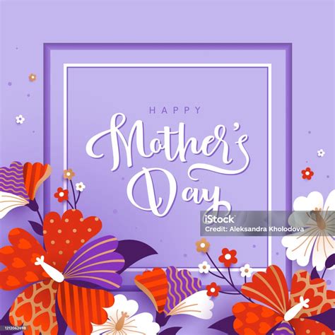 Happy Mothers Day Greeting Card With White And Red Flowers Stock