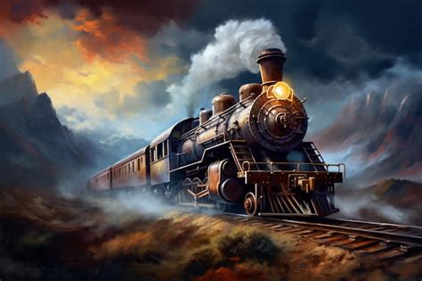 Uma Pintura De Um Trem Em Um Trilho A Locomotiva Se Move Entre As