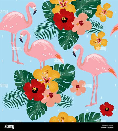 Vector Illustration Of Seamless Tropical Background With Flamingos