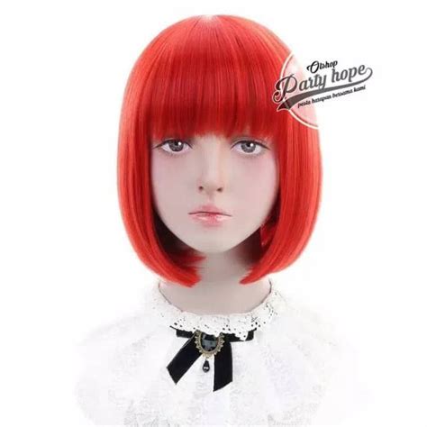 Jual Wig Bob Merah Wig Lurus Pendek Wig Poni Pendek Rambut Palsu