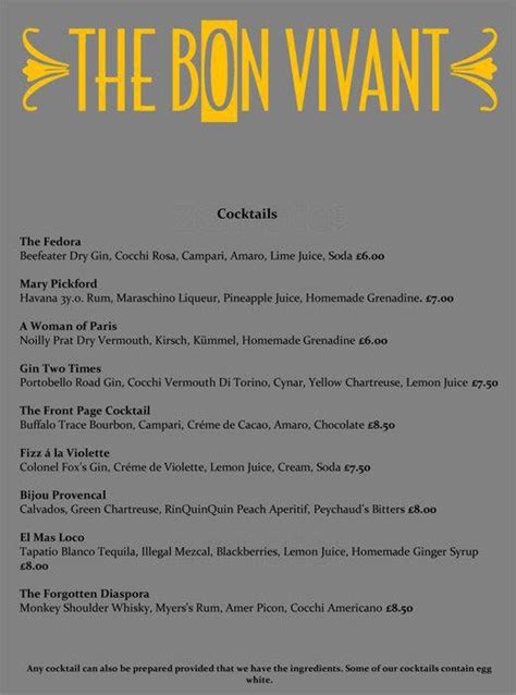 Menu At The Bon Vivant Pub And Bar Edinburgh 55 Thistle St