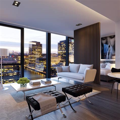 An Image Of A Modern Living Room With City Lights In The Background And