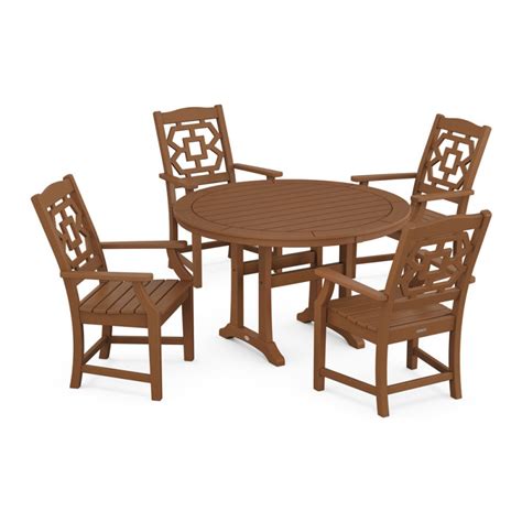 Polywood Chinoiserie 5 Piece Round Dining Set With Trestle Legs Authenteak