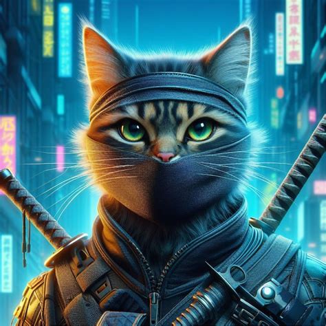 Cyberpunk Ninja Cat Generative Ai Premium Ai Generated Image