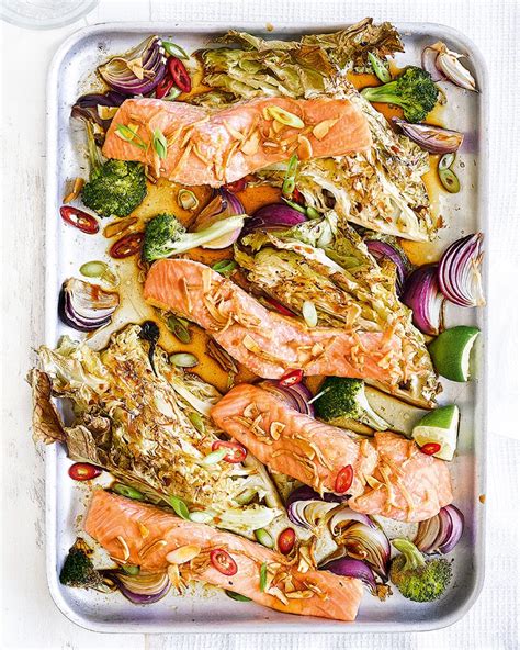 Salmon Traybake With Soy And Sesame Dressing Recipe Delicious Magazine