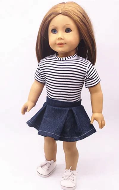 2in 1 Set American Girl Doll Clothes Of Black Striped T Shirt Denim