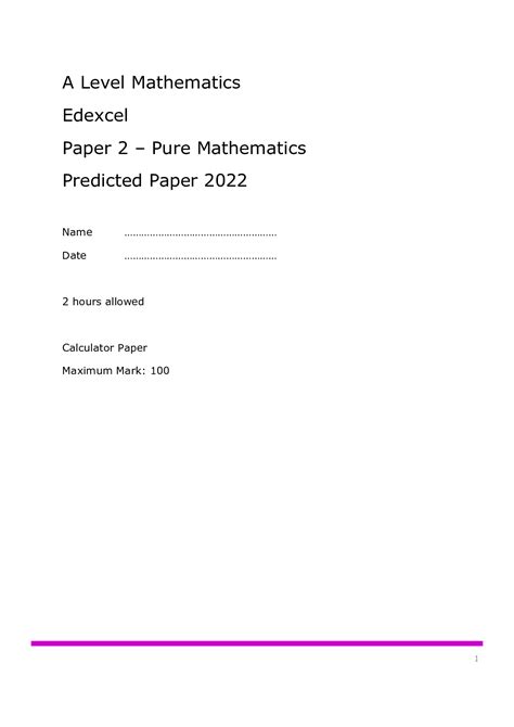 A Level Mathematics Edexcel Paper 2 Pure Mathematics Predicted Paper