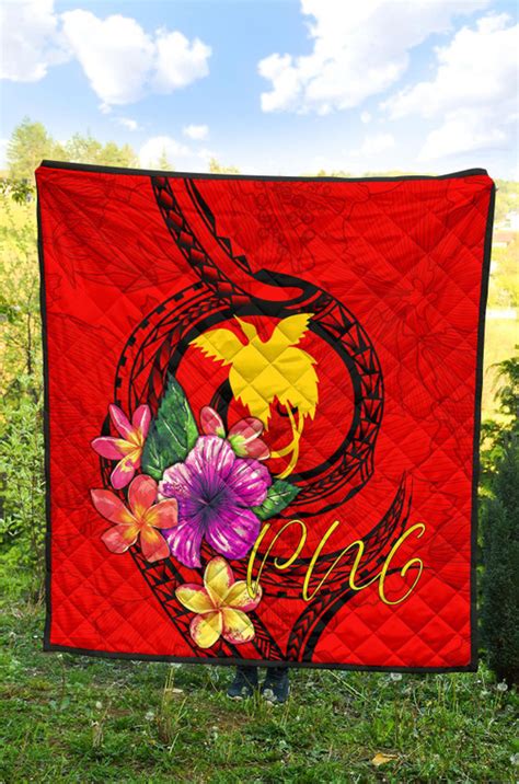 Papua New Guinea Polynesian Premium Quilt - Floral With Seal Red